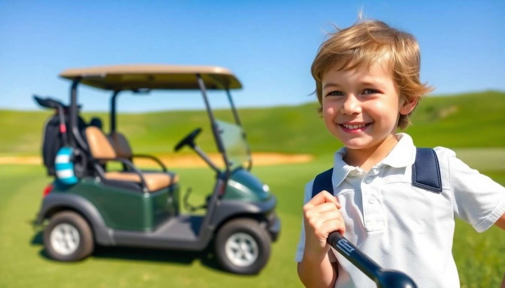 Système de freinage intuitif adapté aux débutants dans les parcours Junior Golf : accessoires sécurisés et funs à embarquer dans leur chariot