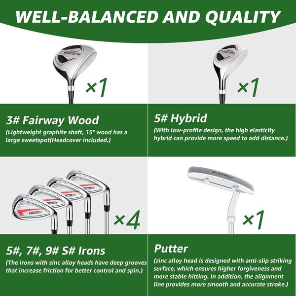 XDriveMax Ensemble de Club de Golf pour Homme Femmes Gaucher/Droitier 8 Pièces, avec Sac de Support avec Housse de Pluie, Bois de Fairway 3# avec Couvre-tête, 5# Hybride, 5#, 7#, 9# S# Fer et Putter