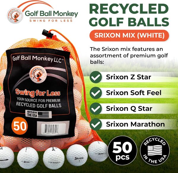 Golf Ball Monkey Balles de golf recyclées bon marché pour Srixon Mix White – pour Srixon Z Star, pour Srixon Soft Feel, pour Srixon Q Star & Marathon Golf Balls (état 50-4A/3A) avec 15 tees et sac en