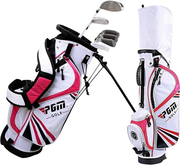 PGM Ensemble complet de clubs de golf junior de 6 pièces pour enfants – Droitier – Conducteur (#1), hybride, fer (#7, #9, #S), putter, sac avec support de golf