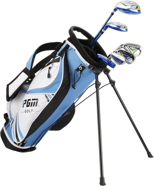 PGM Ensemble complet de clubs de golf junior de 6 pièces pour enfants – Droitier – Conducteur (#1), hybride, fer (#7, #9, #S), putter, sac avec support de golf