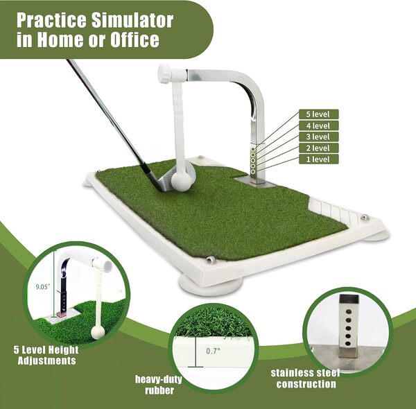 Entraîneur de Swing de Golf – Équipement d'entraînement de Golf avec 5 réglages de Hauteur – Simulateur d'entraînement de Fer et de Club à la Maison et à l'intérieur – Tapis d'entraînement Portable