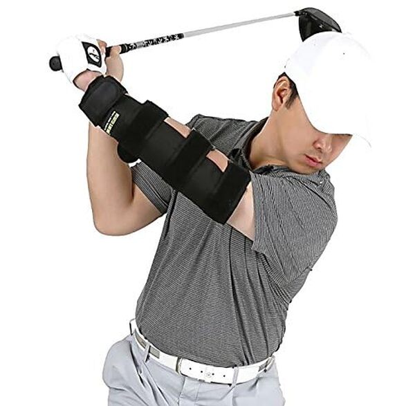 Weighted Elbow Brace (Attelle de Coude Lestée) - Entraîneur au balancé de golf à Tour d'Épaule et Bras tendus - Augmentant Le Moment de Force d'Inertie (Rigide, Breveté)