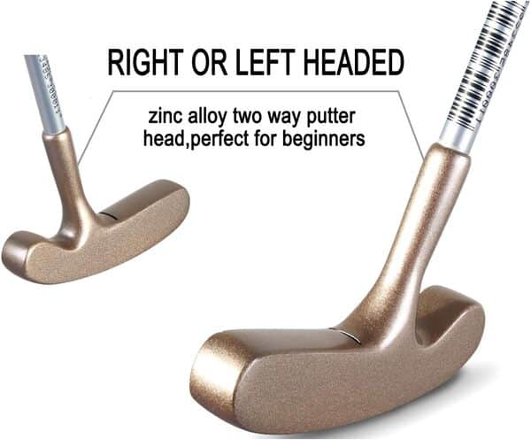 Putter de golf junior bidirectionnel en acier inoxydable pour gaucher et droitier Facile à utiliser pour enfants âgés de 9 à 12 ans (tête dorée + grip bleu, 73,7 cm, 9-12 ans)
