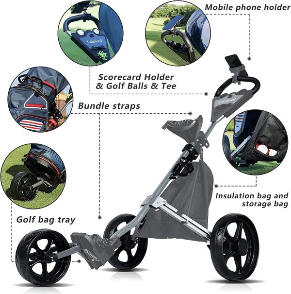 Lakehood Chariot de golf à 3 roues léger et facile à plier, avec support de téléphone, porte-gobelet, carte de scores, sac de glace, parfait pour les golfeurs à la recherche de commodité et de confort