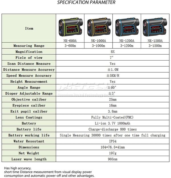 Nktech Télémètre laser, télescope 4-en-1, portée 600 m, 1 000 m, 1 200 m, 1 500 m, grossissement 8x, mesure vitesse, hauteur, angle, distance, rechargeable, pour extérieur, chasse, golf