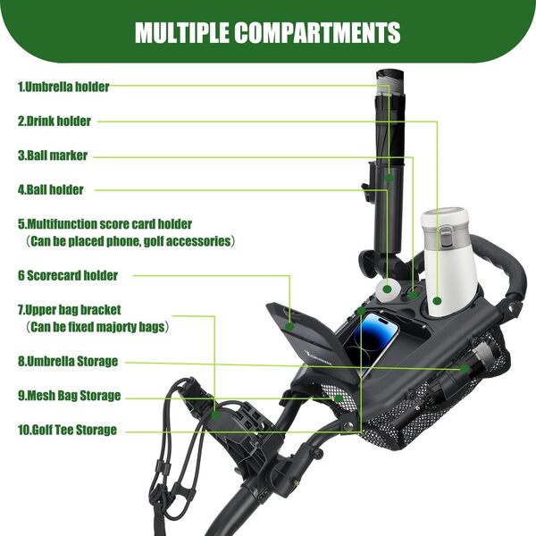 XDriveMax GC03 Chariot de Golf Pliable à 3 Roues Rotatif à 3 Roues pour Clubs de Golf, Porte Parapluie et Rangement de qualité supérieure