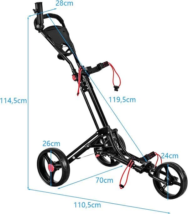 GOPLUS Chariot de Golf à 3 Roues Pliable avec Mécanisme de Pliage Rapide, Chariot de Golf avec Tableau de Bord, Porte-Parapluie, Base, 131 x 68,5 x 105,5CM, Noir