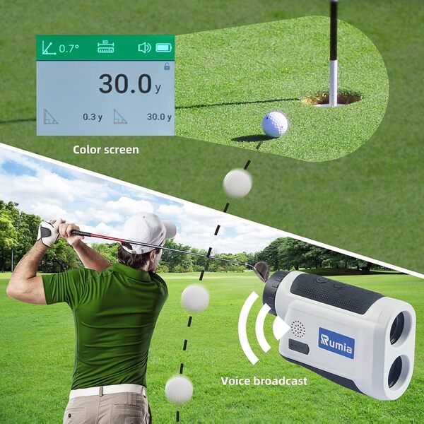 Rumia Télémètre de golf, télémètre de golf avec grand écran LCD HD, grossissement 6x, pente de balayage de mesure de golf, verrouillage du mât, diffusion vocale, télémètre pour chasseur