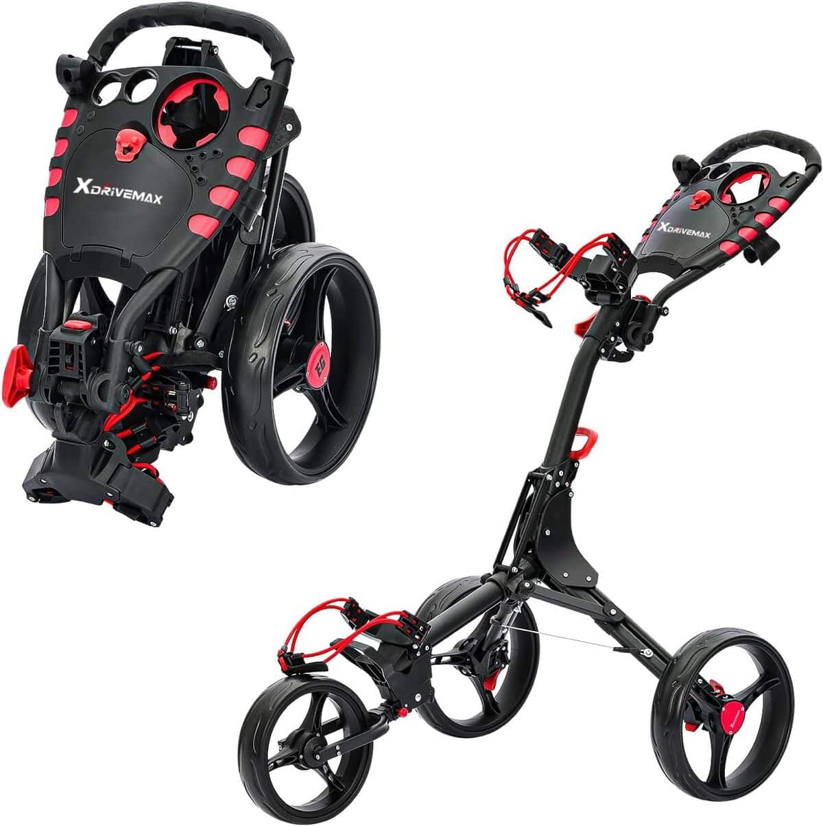 Test du chariot de golf XDriveMax GC408 : praticité et design rouge