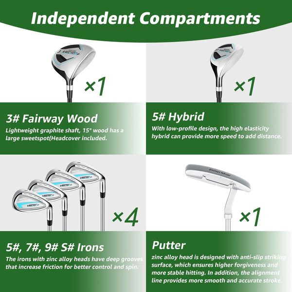 XDriveMax Ensemble complet de 8 clubs de golf pour homme droitier/gauche pour homme et femme avec sac de support avec capuche de pluie, bois de parcours 3# avec couvre-tête, 5# hybride, 5#, 7#, 9# S#