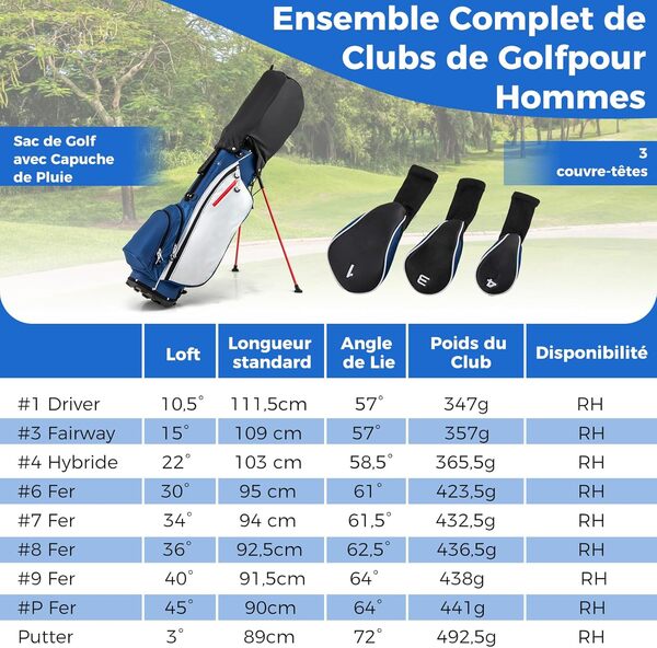 COSTWAY Ensemble de Golf 9 Clubs de Golf Ensemble Complet pour Débutant avec Sac Trépied pour Homme, Un Bois de Parcours #3, Un Hybride #4, des fers #6, #7, #8, #9