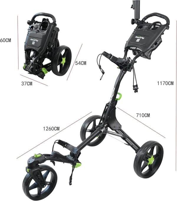 Newfly Chariot de golf à 3 roues rotatif à 360° ultra léger et pliable, avec frein à pied, facile à ouvrir et à fermer, avec porte-parapluie et sac de rangement