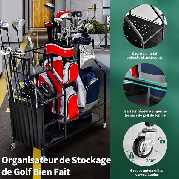 GYMAX Organisateur Rangement pour Clubs de Golf avec 4 Roues Verrouillables, Rangement de Sac et Accessoires de Golf avec Étagère et Crochets