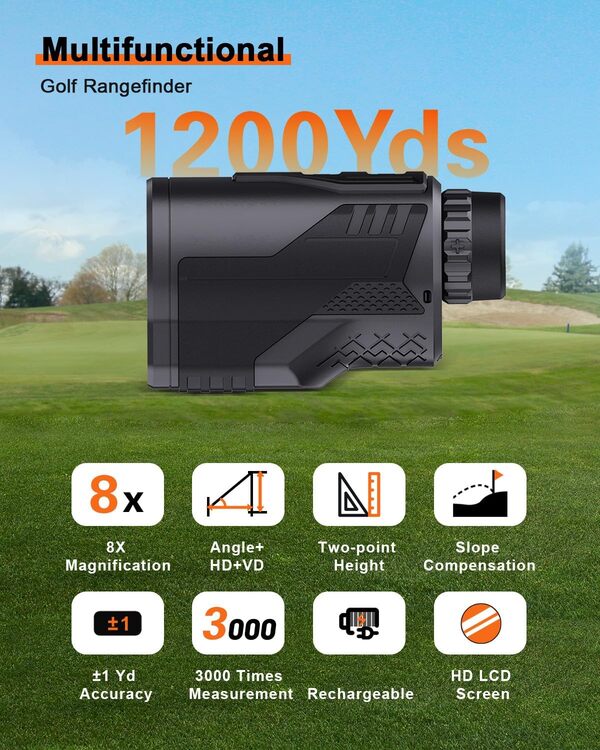 PEAKPULSE Télémètre de golf laser 1 200 m Grossissement x8 Pôle de drapeau pente verrouillable Rechargeable Télémètre Angle Deux points Hauteur Vertical Horizontal Mesure