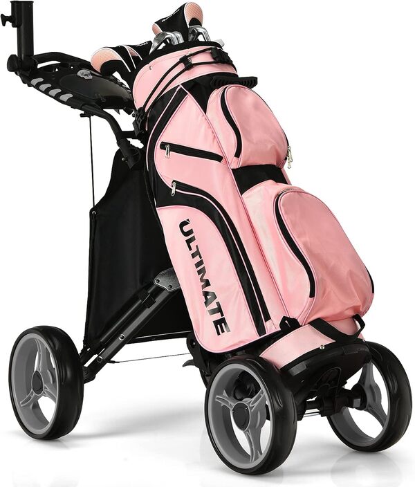 GYMAX Chariot de Golf à 3/4 Roues, Caddie de Golf Pliable Manuel, Porte-Sac, Porte-Parapluie, Cadre Robuste en Aluminium Pliable, Poignée Réglable, Tableau d'Affichage, Porte-Boisson
