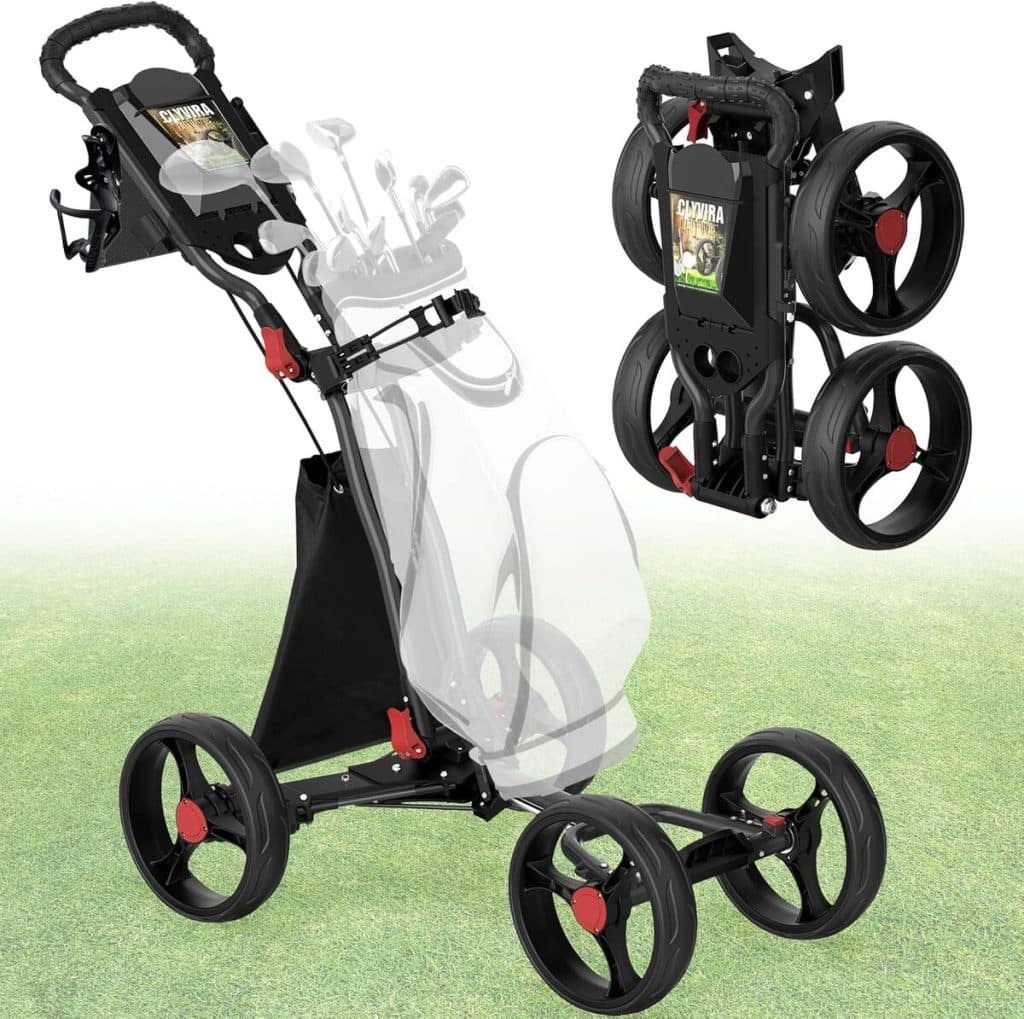 Test du Clyvira : chariot de golf pliable à 4 roues avec grand rangement