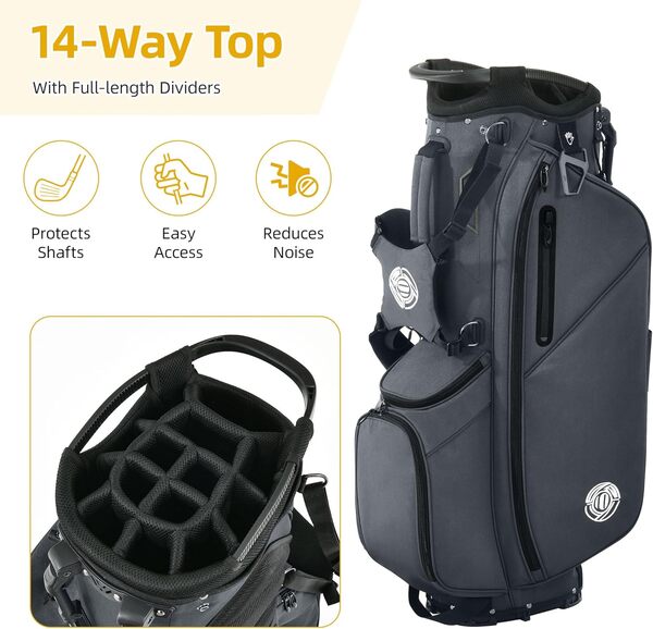 Shopsource Sac de golf léger avec support pour homme et femme, sac de golf debout avec double sangle ergonomique rembourrée, séparateurs sur toute la longueur, plusieurs poches, capuche de pluie