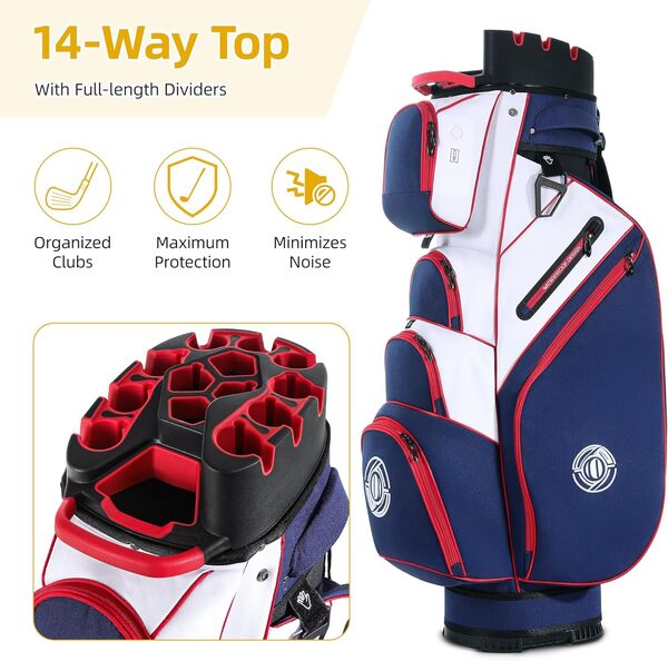 Shopsource Sac de golf à 14 voies avec séparateurs sur toute la longueur, sac de golf pour homme et femme, sac de club de golf avec sangle rembourrée ergonomique, poches zippées, capuche de pluie