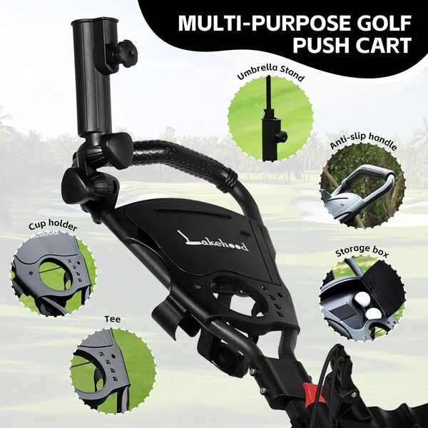 Lakehood Chariot de golf à 3 roues et sac de golf – Facile à plier/déplier, pousser/tirer en douceur, frein en un seul clic, idéal pour les terrains de golf et les plages d'entraînement – Parfait pour