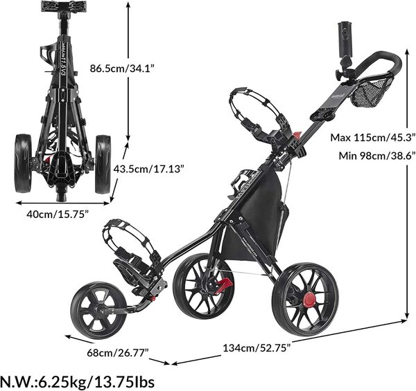 Caddytek CaddyLite Chariot de Golf à 3 Roues 11,5 V3 – Léger, Facile à Plier
