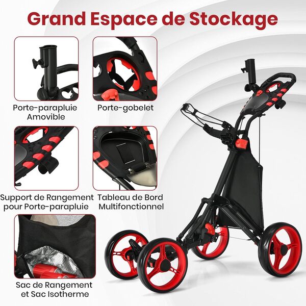 GOPLUS Chariot de Golf Pliable à 4 Roues, Poignée Réglable 150-190cm, Frein à Pied, avec Sac Isotherme, Porte-Parapluie, Support Supérieur avec Sangle Elastique, 110x100x65cm