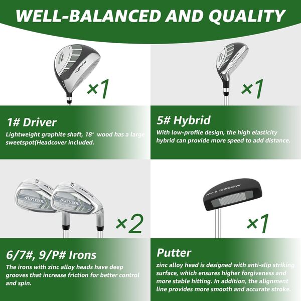 XDriveMax Ensemble de Club de Golf 5/6 Pièces,Set de Golf(5-8)(9-12)(12-14) Incluant Un Sac Trépied, 1# Driver, 5# Hybride, 6/7#, 9/P# Fers et Putter Droitière
