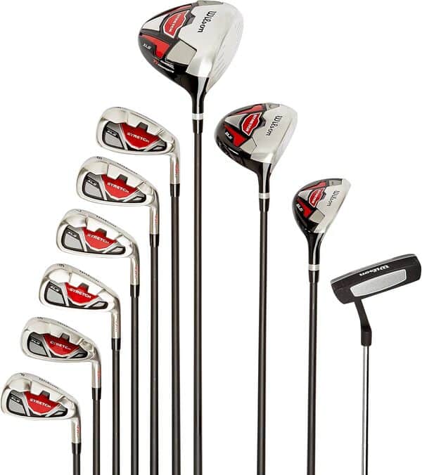 Wilson Ensemble Complet pour Débutant, 10 Clubs de Golf avec Sac Trépied, pour Homme, Stretch XL, Noir/Gris/Rouge