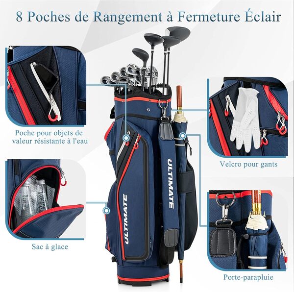 GYMAX Sac pour Chariot de Golf, Grande Capacité avec 14 Compartiments, 8 Poches, Sac pour Golf avec Capuchon de Pluie, Bandoulière