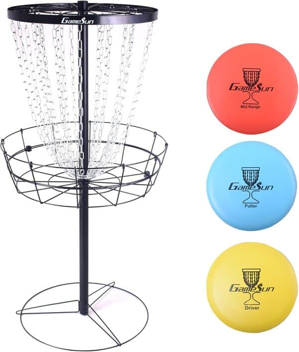 Gamesun Panier de golf à disque avec 3 disques, cible de golf PDGA de taille standard avec 24 chaînes très résistantes