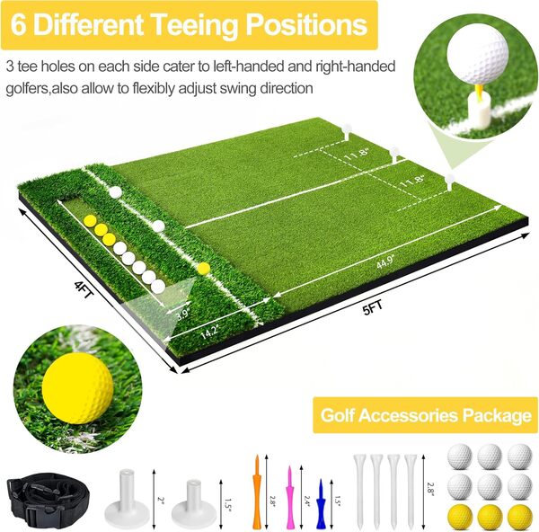 RELIANCER Tapis de frappe de golf 2 en 1, tapis de swing de golf double gazon, tapis de golf artificiel pour la maison, simulateur de golf, aide à l'entraînement avec plateau à balles intégré