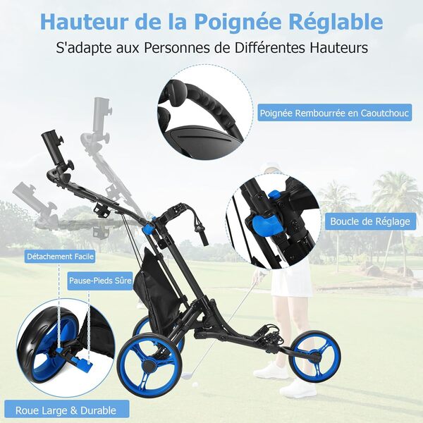 COSTWAY Chariot de Golf Pliable à 3 Roues Sangle Elastique, Porte-Parasol Réglable et Porte-gobelet Sac de Rangement Recouvert d'Aluminium pour Clubs de Golf Rouge/Vert/Bleu/Gris