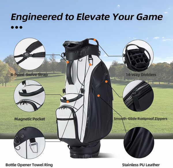 T Winsology Pure Series Sac de golf en cuir synthétique facile à nettoyer avec 14 séparateurs, anneau porte-serviette avec décapsuleur intégré, poche magnétique, refroidisseur pour homme et femme