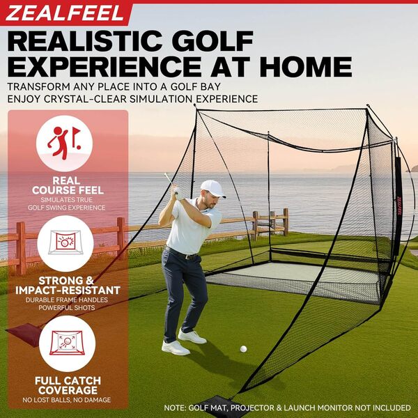 ZEALFEEL Cage de simulateur de golf avec barrières latérales et écran d'impact – Filet de golf de 3 x 2,4 m avec écran de simulateur HD double couche pour tirs à grande vitesse, filet d'entraînement