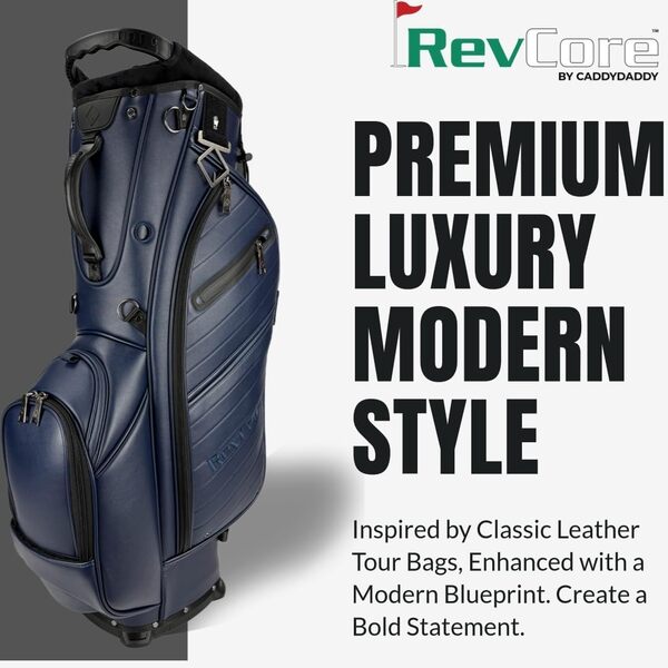 REVCORE Sac de golf de luxe en cuir synthétique de qualité touristique, séparateurs pleine longueur à 14 ou 6 voies, matériel en alliage noir, 2 poches pour bouteilles d'eau, poche avant doublée de