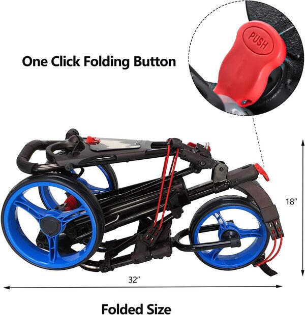 HOW TRUE Chariot de golf pliable à 3 roues – Pliez et ouvrez avec un bouton en une seconde – Frein à pied – Sac isotherme – Porte-parapluie (noir et bleu)