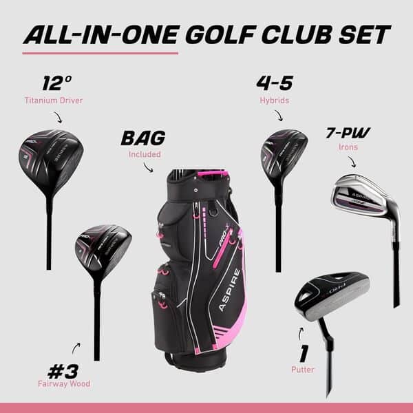 Aspire ProX pour femme Set de clubs de golf pour droitier complet Comprend Titane pilote F, 3 Bois de parcours, 4–5 hybrides, fers 7sw Fers, putter, Sac de golf chariot, 4 hC de, rose, Petite Size