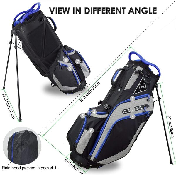 Sac de golf avec support à 14 compartiments et 8 poches, double sangle, capuche anti-pluie (noir/bleu)