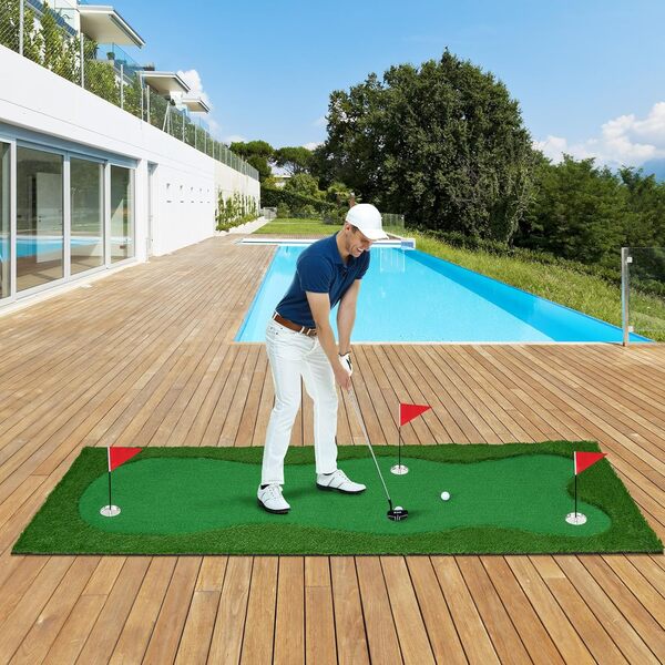 COSTWAY Tapis de Frappe de Golf 300 x 100 cm, Tapis d'Entraînement de Golf avec Pelouse Artificielle 3 Trous 3 Drapeaux Gobelets, Green de Putting de Golf pour Intérieur & Extérieur
