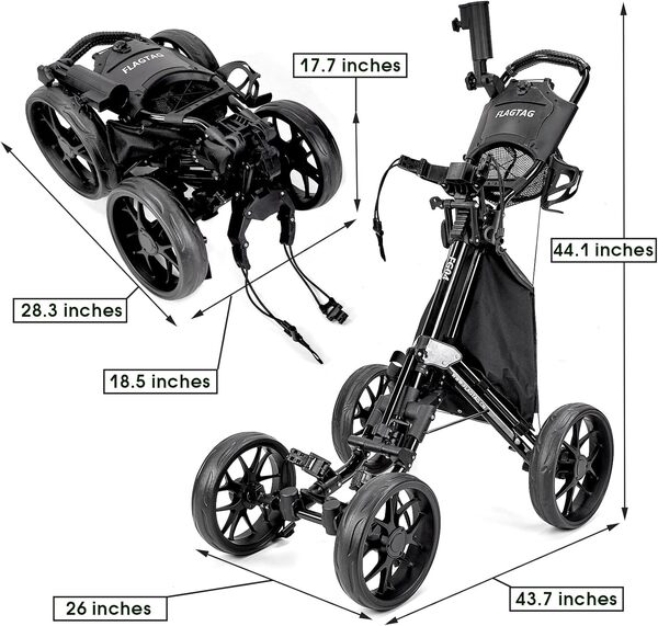 Chariot de golf pliable à 4 roues, chariot de golf pliable avec porte-gobelet, porte-parapluie, sac isotherme, pliable en un clic, poignée réglable en hauteur, porte-boisson, chariot de marche