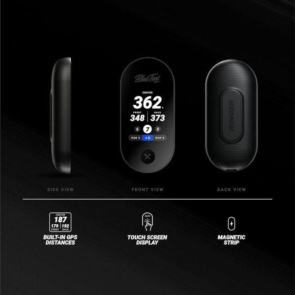Blue Tees Golf Ringer - GPS de Golf Magnétique Portatif, Écran Tactile, Résistant à l'eau, Télémètre de Distance de Golf, Plus de 40 000 Parcours Préchargés, Autonomie de Plus de 10 Heures