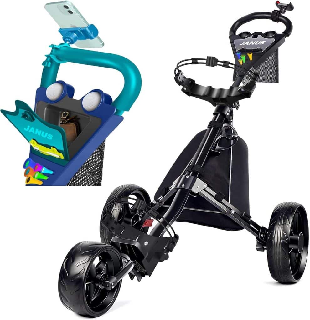 Test du chariot de golf pliable Janus avec support téléphone et sac de rangement