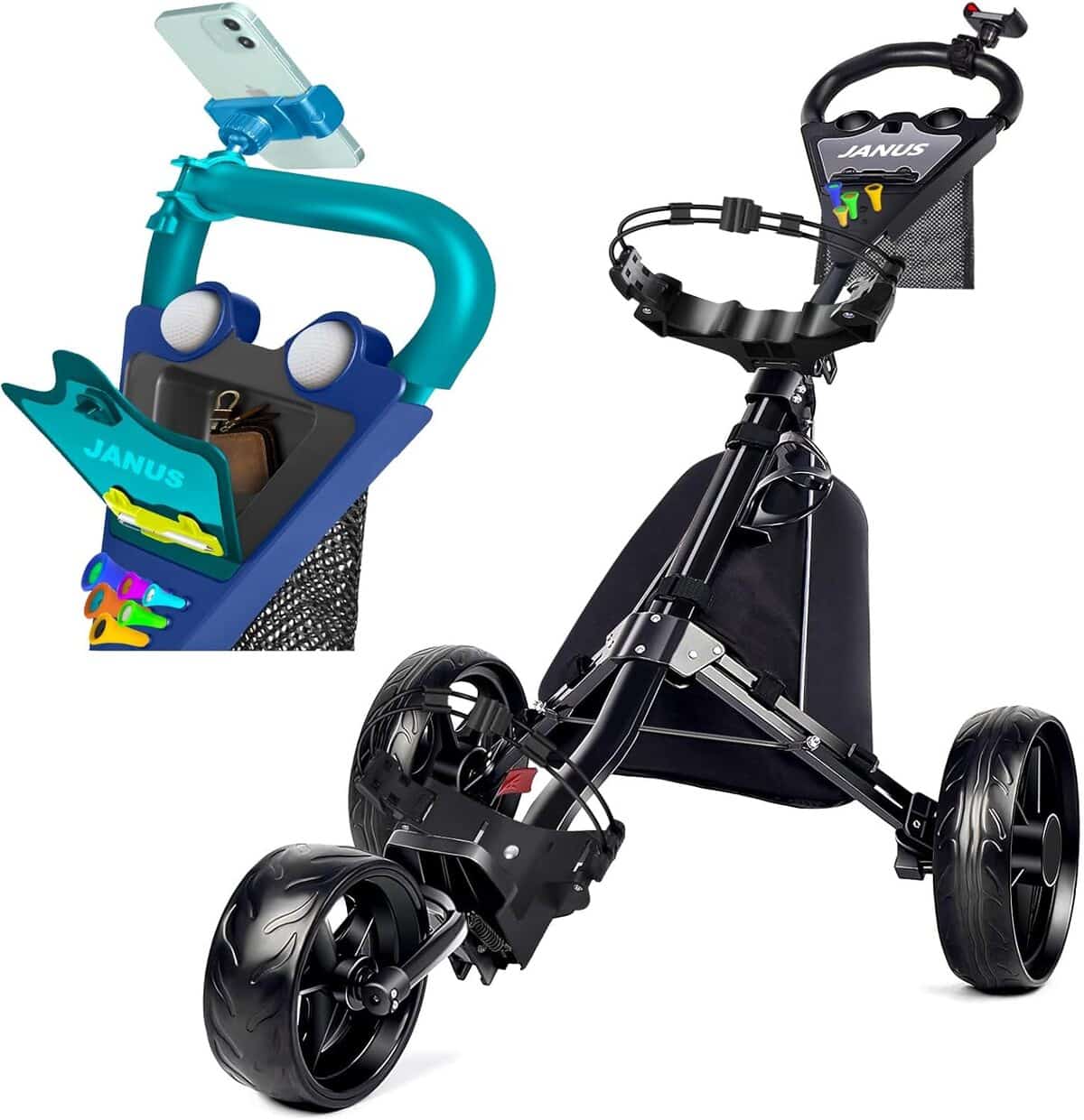Test du chariot de golf pliable Janus avec support téléphone et sac de rangement