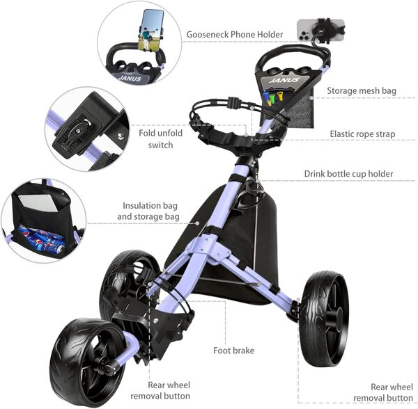JANUS Chariot de golf, chariot de golf pliable, chariot de golf à 3 roues, avec support de téléphone en col de cygne