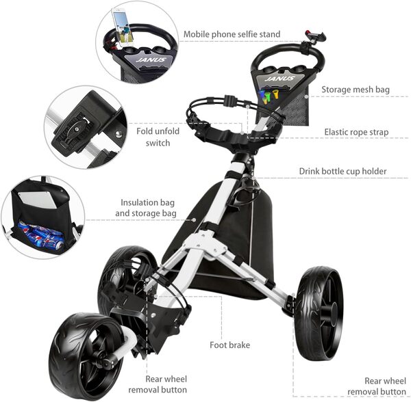 JANUS Chariot de Golf Pliable avec Frein à Pied, Support de téléphone et Sac de Glace
