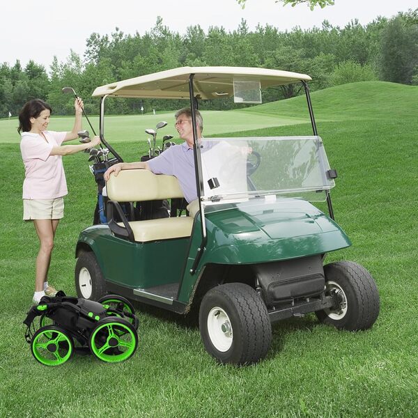 COSTWAY Chariot de Golf Pliable à Pousser ou à Tirer à 4 Roues, Chariot de Golf Léger avec Sac Imperméable et Frein à Pied Porte-Parapluie Réglable Poignée Réglable