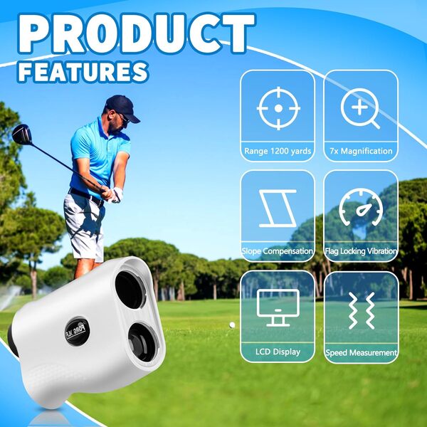 Télémètre de golf, télémètre de golf de 1 200 m, grossissement 7x avec pente, verrouillage de poteau de drapeau, mesure de la distance, rechagreable