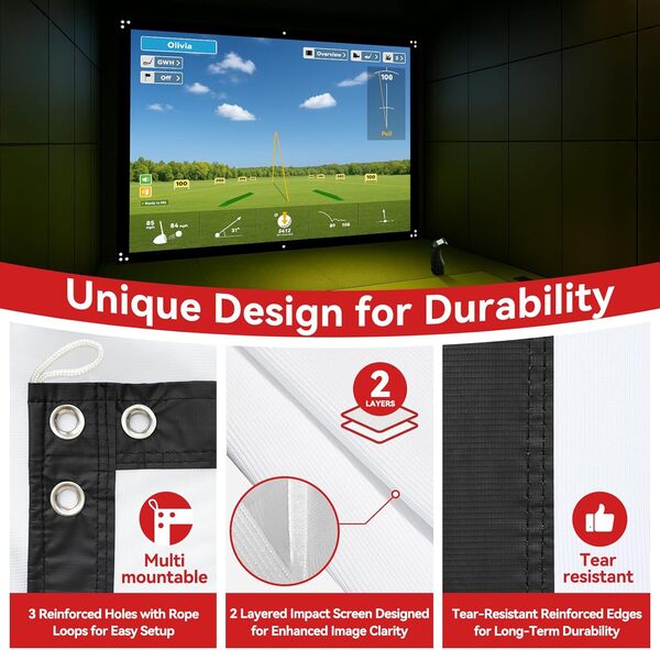 Écran d'impact pour simulateur de golf 2,7 x 2,1 m pour entraînement, 14 trous de gromment, écran de projection durable avec 10 tendeurs, écran d'impact à 2 couches pour maison/intérieur
