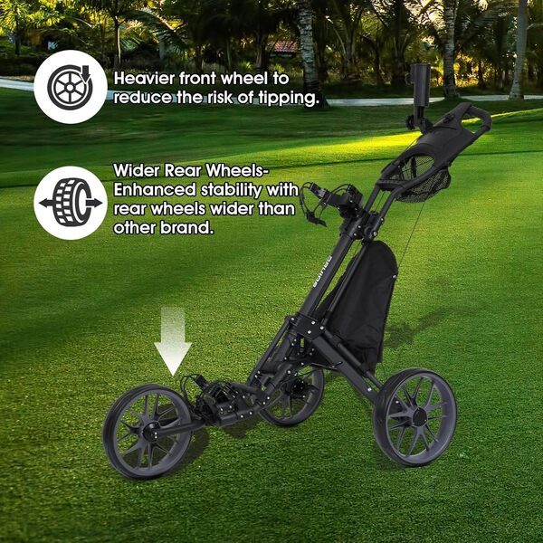 DRUIDS Chariot de golf à 3 roues : chariot de golf vertical, chariot de golf portable pliable, chariot de golf à main auto-poussé à pliage rapide avec frein, porte-parapluie, refroidisseur, gris