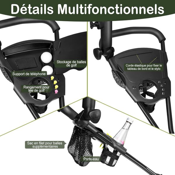 GYMAX Chariot de Golf à 3/4 Roues, Voiturette Golf Pliable avec Poignée Réglable et Sacs en Maille, Chariot de Golf Manuel avec Roues Amovibles avec Freins